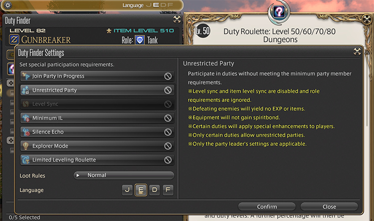 Duty Finder settings options