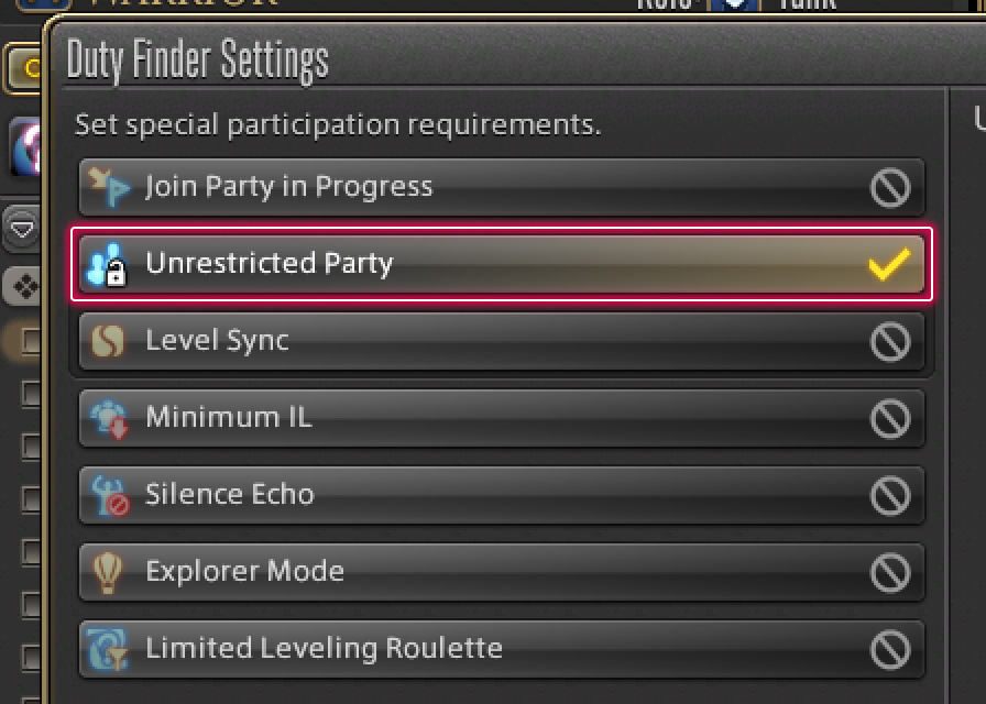 Duty Finder setting options
